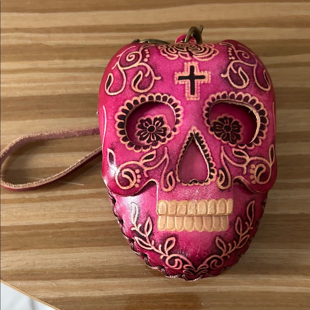 Pink Sugar Skull Leather Wristlet